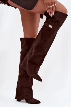 Ocieplane Kozaki Z Wywiniętą Cholewką Za Kolano Obcas Słupek Czekoladowe Serelle