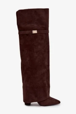 Ocieplane Kozaki Z Wywiniętą Cholewką Za Kolano Obcas Słupek Czekoladowe Serelle