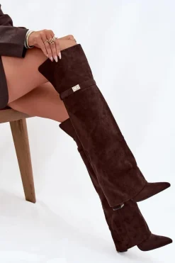 Ocieplane Kozaki Z Wywiniętą Cholewką Za Kolano Obcas Słupek Czekoladowe Serelle