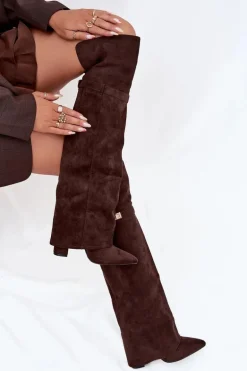 Ocieplane Kozaki Z Wywiniętą Cholewką Za Kolano Obcas Słupek Czekoladowe Serelle