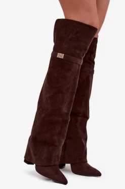 Ocieplane Kozaki Z Wywiniętą Cholewką Za Kolano Obcas Słupek Czekoladowe Serelle