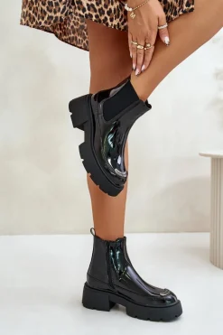 Ocieplane Lakierowane Botki Sztyblety Na Zamek Czarne Jesschris