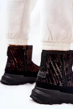 Ocieplane Śniegowce Z Printem Czarne Freesia