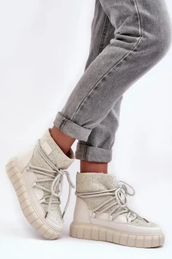 Ocieplane Śniegowce Zdobione Dżetami GOE MM2N4081 Beżowe