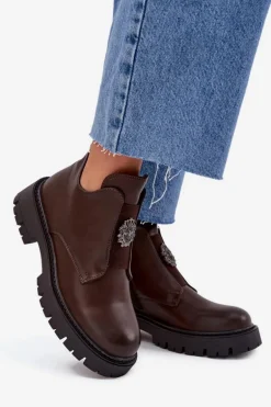 Ocieplane Niskie Botki Damskie Z Ozdobą Na Zamek Brązowe Lavira