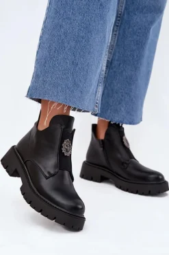 Ocieplane Niskie Botki Damskie Z Ozdobą Na Zamek Czarne Lavira