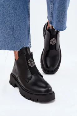 Ocieplane Niskie Botki Damskie Z Ozdobą Na Zamek Czarne Lavira