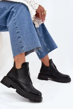 Ocieplane Niskie Botki Damskie Z Ozdobą Na Zamek Czarne Lavira