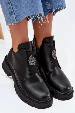 Ocieplane Niskie Botki Damskie Z Ozdobą Na Zamek Czarne Lavira