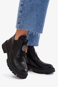 Ocieplane Niskie Botki Damskie Z Ozdobą Na Zamek Czarne Lavira