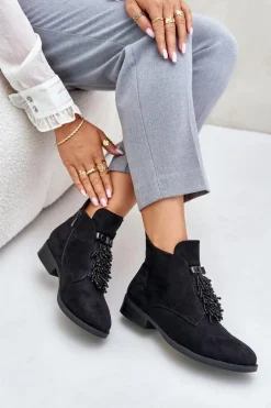 Ocieplane Niskie Botki Z Ozdobą Na Zamek S.Barski HY42-715 Czarne