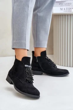 Ocieplane Niskie Botki Z Ozdobą Na Zamek S.Barski HY42-715 Czarne