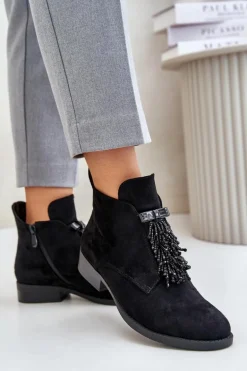Ocieplane Niskie Botki Z Ozdobą Na Zamek S.Barski HY42-715 Czarne