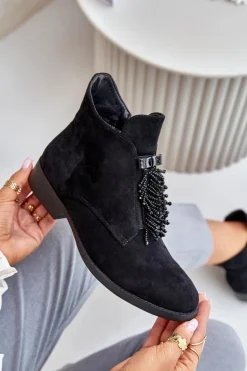 Ocieplane Niskie Botki Z Ozdobą Na Zamek S.Barski HY42-715 Czarne