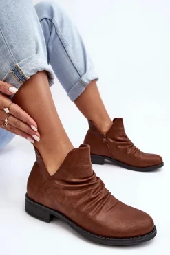 Ocieplane Niskie Botki Z Marszczeniem Brązowe Sakaala