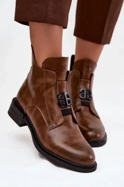 Ocieplane Skórzane Botki Damskie Z Ozdobnym Detalem Brązowe Briselda