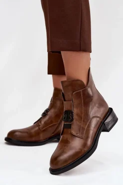 Ocieplane Skórzane Botki Damskie Z Ozdobnym Detalem Brązowe Briselda