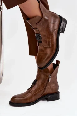 Ocieplane Skórzane Botki Damskie Z Ozdobnym Detalem Brązowe Briselda