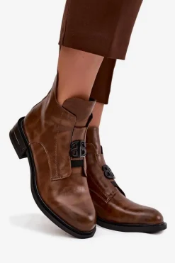 Ocieplane Skórzane Botki Damskie Z Ozdobnym Detalem Brązowe Briselda