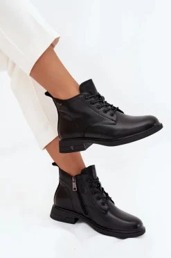 Ocieplane Skórzane Botki Damskie Na Niskim Obcasie Vinceza 39953 Czarne