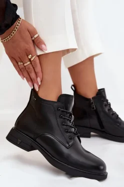 Ocieplane Skórzane Botki Damskie Na Niskim Obcasie Vinceza 39953 Czarne