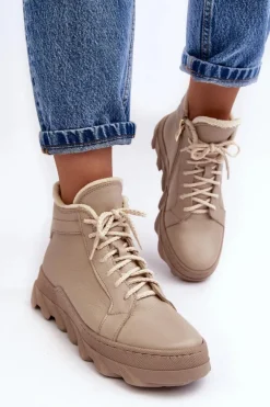 Ocieplane Skórzane Botki Damskie Na Platformie Beżowe Lemar Jevette