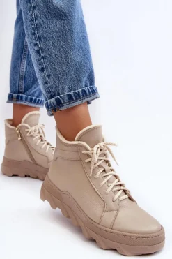 Ocieplane Skórzane Botki Damskie Na Platformie Beżowe Lemar Jevette