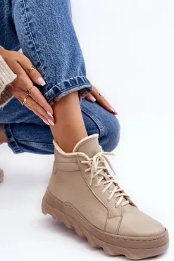 Ocieplane Skórzane Botki Damskie Na Platformie Beżowe Lemar Jevette