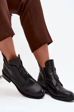 Ocieplane Skórzane Botki Damskie Z Ozdobnym Detalem Czarne Briselda