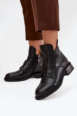 Ocieplane Skórzane Botki Damskie Z Ozdobnym Detalem Czarne Briselda