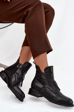 Ocieplane Skórzane Botki Damskie Z Ozdobnym Detalem Czarne Briselda