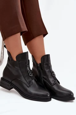 Ocieplane Skórzane Botki Damskie Z Ozdobnym Detalem Czarne Briselda