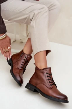 Ocieplane Skórzane Botki Damskie Na Niskim Obcasie Vinceza 39953 Brązowe