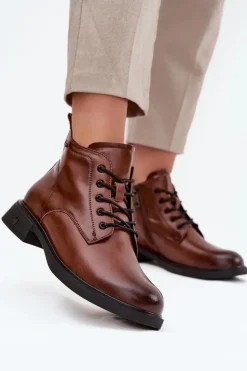 Ocieplane Skórzane Botki Damskie Na Niskim Obcasie Vinceza 39953 Brązowe
