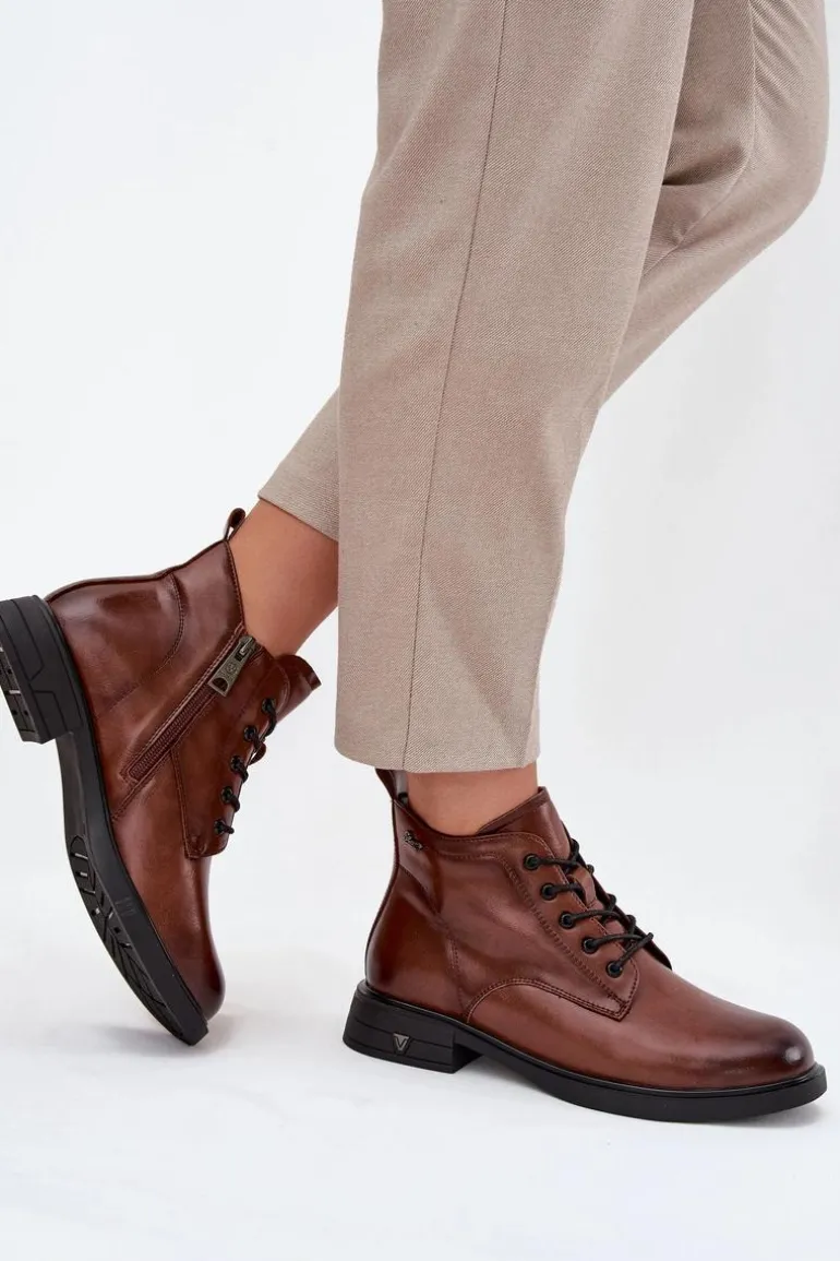 Ocieplane Skórzane Botki Damskie Na Niskim Obcasie Vinceza 39953 Brązowe