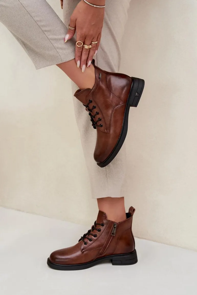 Ocieplane Skórzane Botki Damskie Na Niskim Obcasie Vinceza 39953 Brązowe