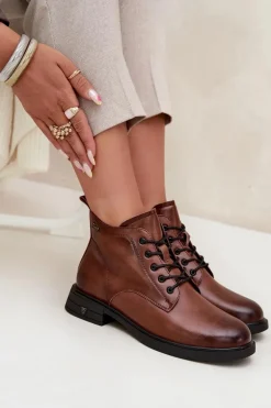 Ocieplane Skórzane Botki Damskie Na Niskim Obcasie Vinceza 39953 Brązowe