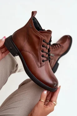 Ocieplane Skórzane Botki Damskie Na Niskim Obcasie Vinceza 39953 Brązowe