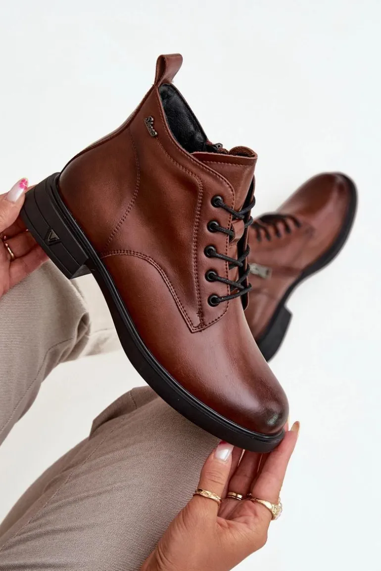 Ocieplane Skórzane Botki Damskie Na Niskim Obcasie Vinceza 39953 Brązowe