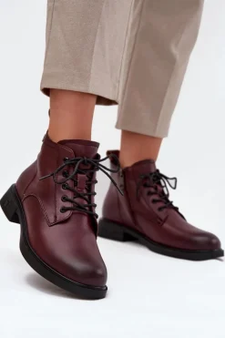 Ocieplane Skórzane Botki Damskie Na Niskim Obcasie Vinceza 39953 Bordowe