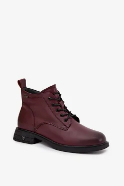 Ocieplane Skórzane Botki Damskie Na Niskim Obcasie Vinceza 39953 Bordowe