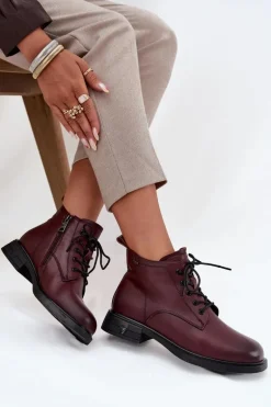 Ocieplane Skórzane Botki Damskie Na Niskim Obcasie Vinceza 39953 Bordowe