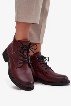 Ocieplane Skórzane Botki Damskie Na Niskim Obcasie Vinceza 39953 Bordowe