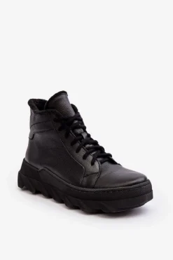 Ocieplane Skórzane Botki Damskie Na Platformie Czarne Lemar Jevette