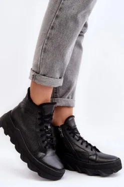 Ocieplane Skórzane Botki Damskie Na Platformie Czarne Lemar Jevette