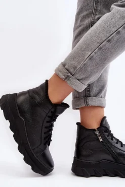 Ocieplane Skórzane Botki Damskie Na Platformie Czarne Lemar Jevette