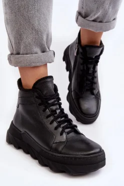 Ocieplane Skórzane Botki Damskie Na Platformie Czarne Lemar Jevette