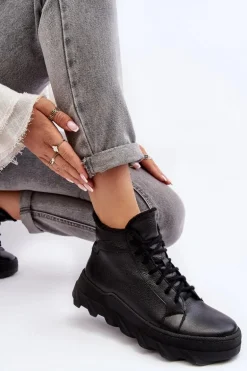 Ocieplane Skórzane Botki Damskie Na Platformie Czarne Lemar Jevette