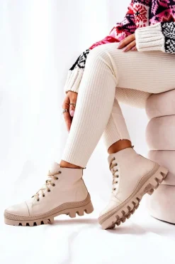 Ocieplane Skórzane Botki Trapery Beżowe Madisson