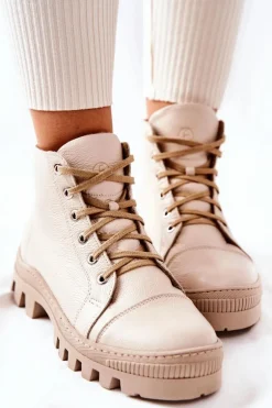 Ocieplane Skórzane Botki Trapery Beżowe Madisson